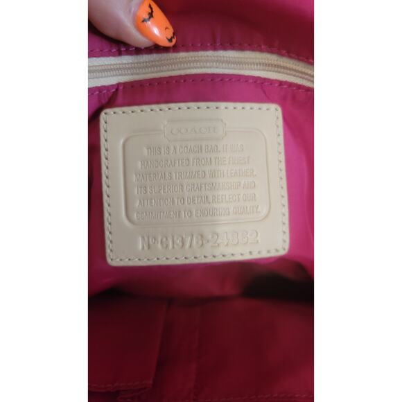 Coach Signature Nylon Tote Bag C1376-24362 Purple Beige Leather Trim Shoulder... - Picture 6 of 11